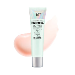 IT Cosmetics Your Skin But Better Primer Plus bottle close-up showing hydrating, oil-free base for long-lasting makeup.