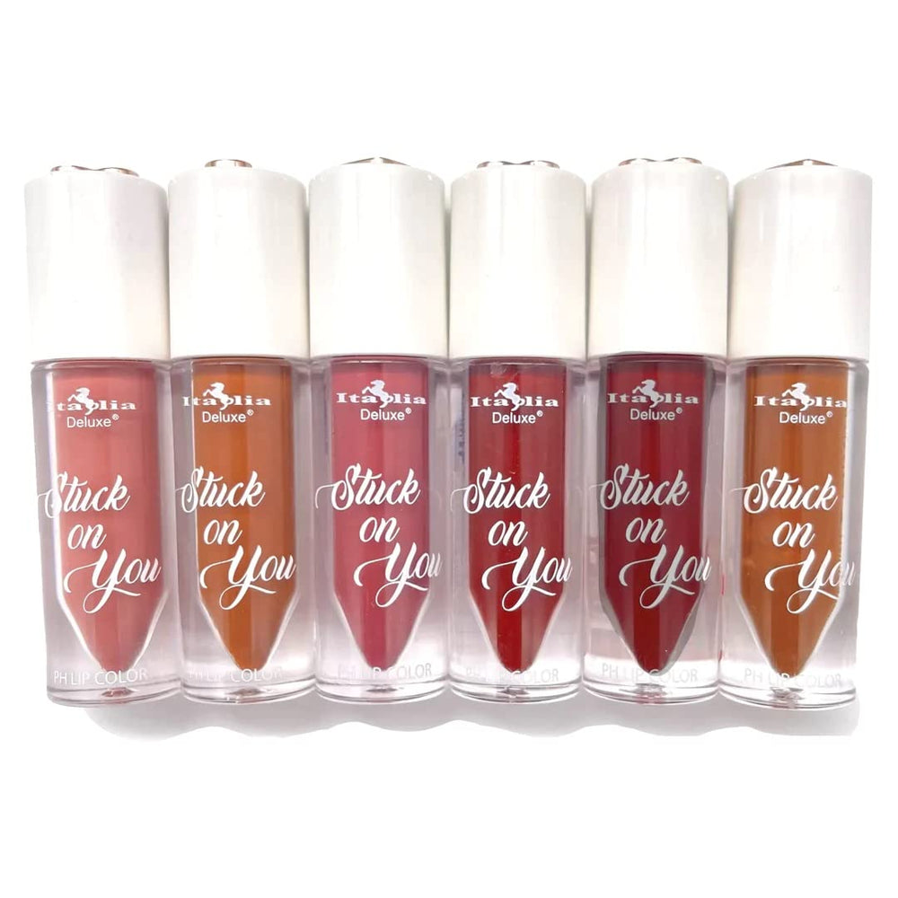 Italia Deluxe Stuck On You lip color 6-set packaging highlights long-lasting, rich tint.