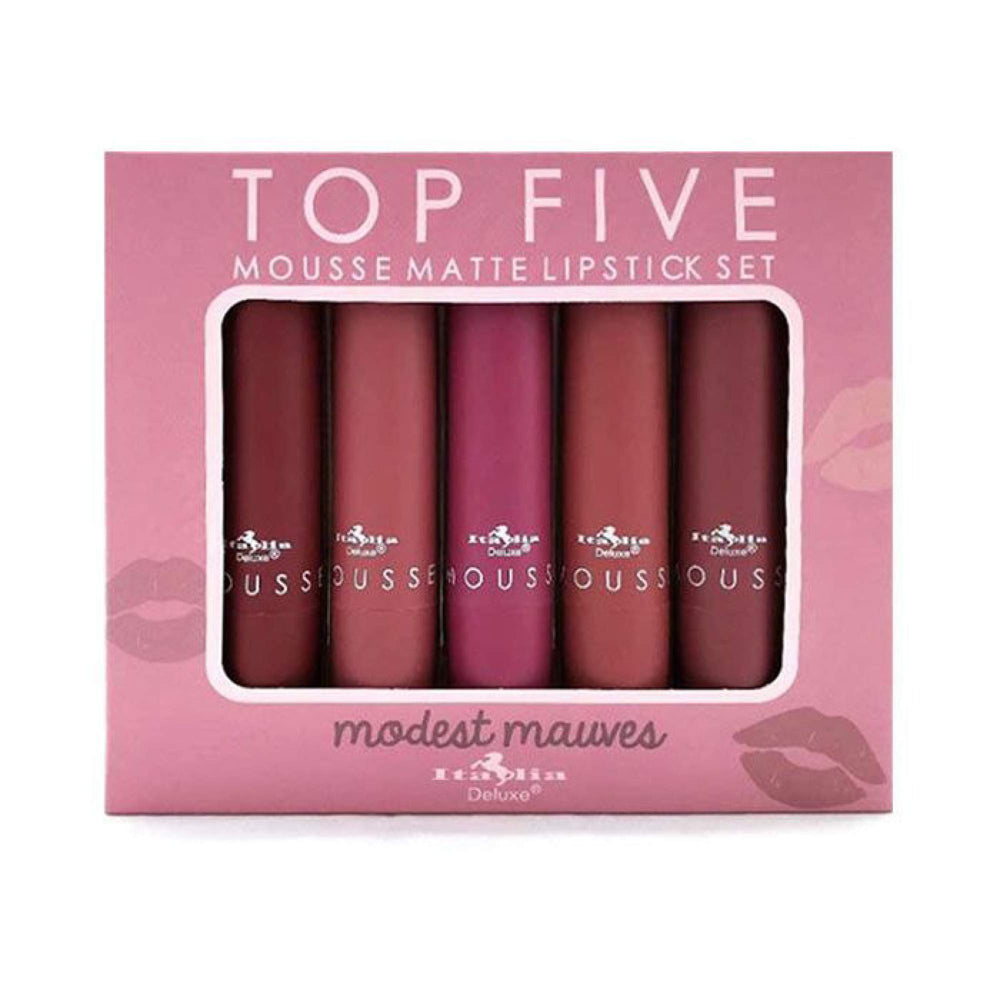 Italia Deluxe packaging and branding for the Top Five Mousse Matte Lipstick Set.