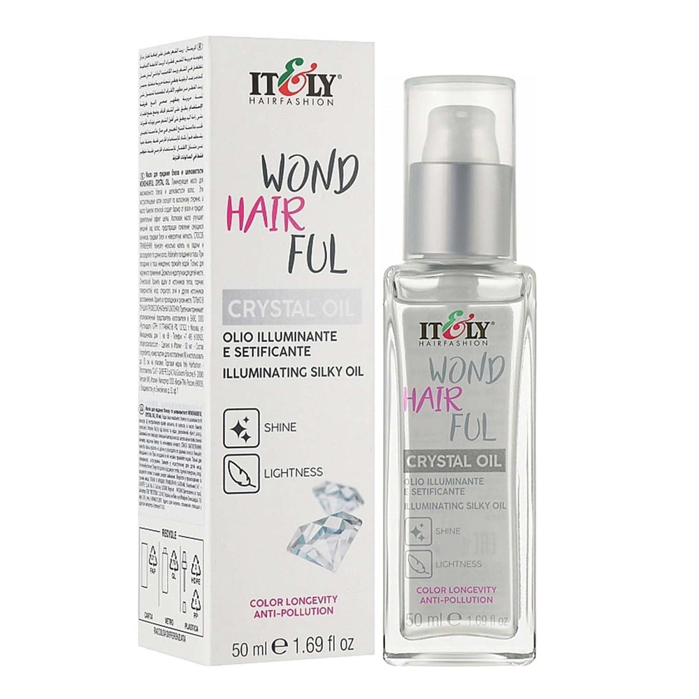 It&ly Wondhairful Crystal Oil bottle pour delivers a luminous, silky finish for hair.