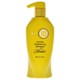 It's a 10 Haircare Miracle Brightening Shampoo bottle highlights platinum blonde tones, adding subtle shine.