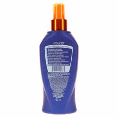 It's a 10 Haircare Miracle Leave-In Keratin Spray applied on damp hair for frizz control.
