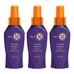 It's a 10 Haircare Miracle Leave-In Plus Keratin Spray bottle helps detangle and protect blonde hair.