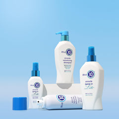 It's a 10 Haircare Miracle Volumizing Shampoo product shot highlighting texture and lift potential.
