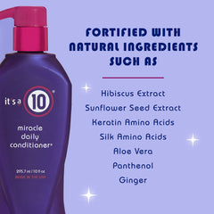 ITS A 10 Miracle Daily Conditioner label closeup highlighting key ingredients and claims.