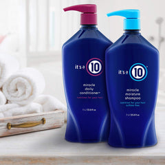 It's A 10 Miracle Moisture Shampoo bottle closeup, creamy texture and gentle cleansing.