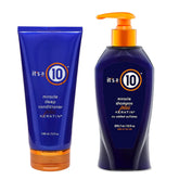 It's A 10 Haircare keratin shampoo bottle highlights a strengthening cleanse for damaged hair.