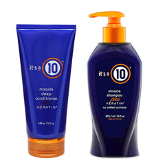 It's A 10 Haircare keratin shampoo bottle highlights a strengthening cleanse for damaged hair.