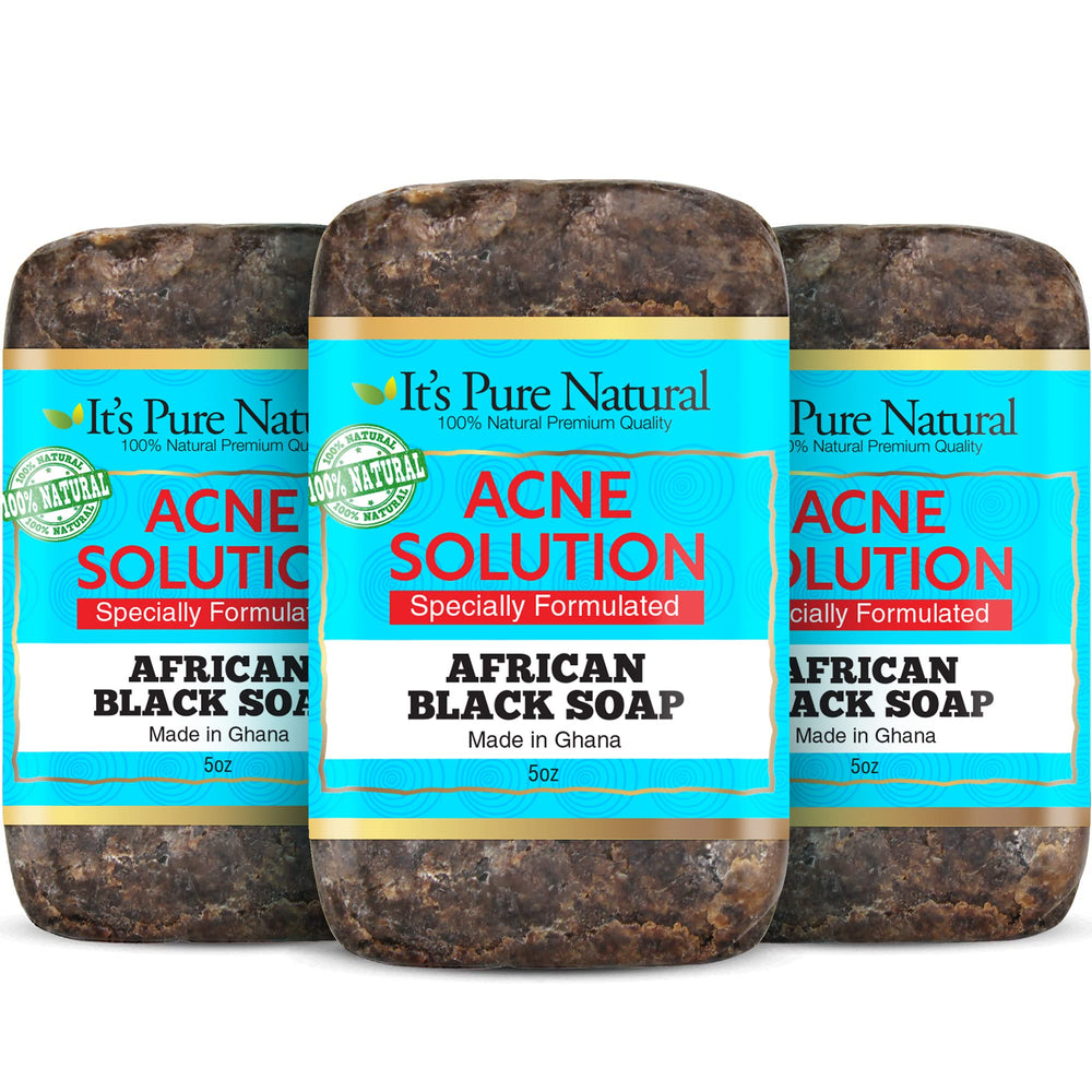 It's Pure Natural African Black Soap pack 3 on shelf for daily cleansing routine