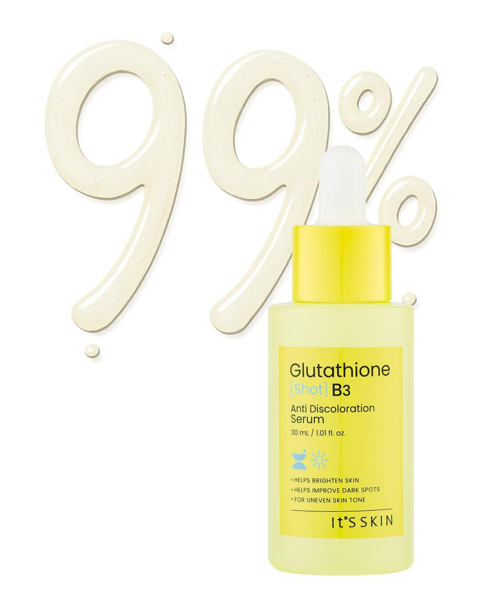 It'S SKIN Glutathione Shot B3 Serum bottle, highlighting brightening benefits and hydration.
