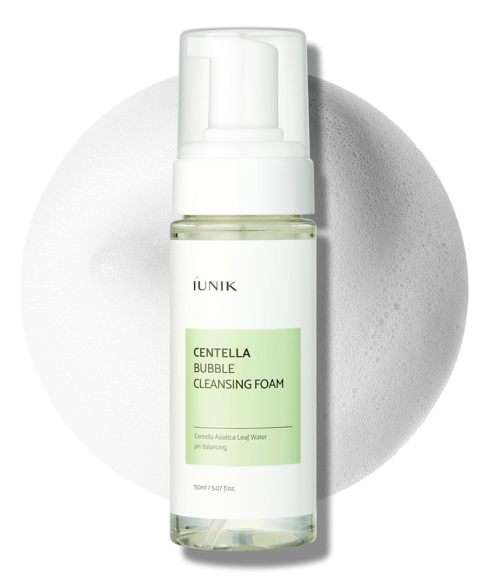 IUNIK Centella Bubble Foaming Cleanser bottle close-up for gentle cleansing