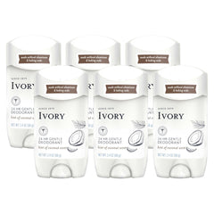 Ivory deodorant coconut-scent six-pack for long-lasting freshness without aluminum.