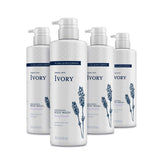 Ivory Sensitive Skin Moisturizing Body Wash bottle pour with lavender scent for gentle cleansing.