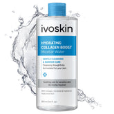 IVOSKIN Hydrating Collagen Boost Micellar Water bottle pour supports gentle makeup removal.