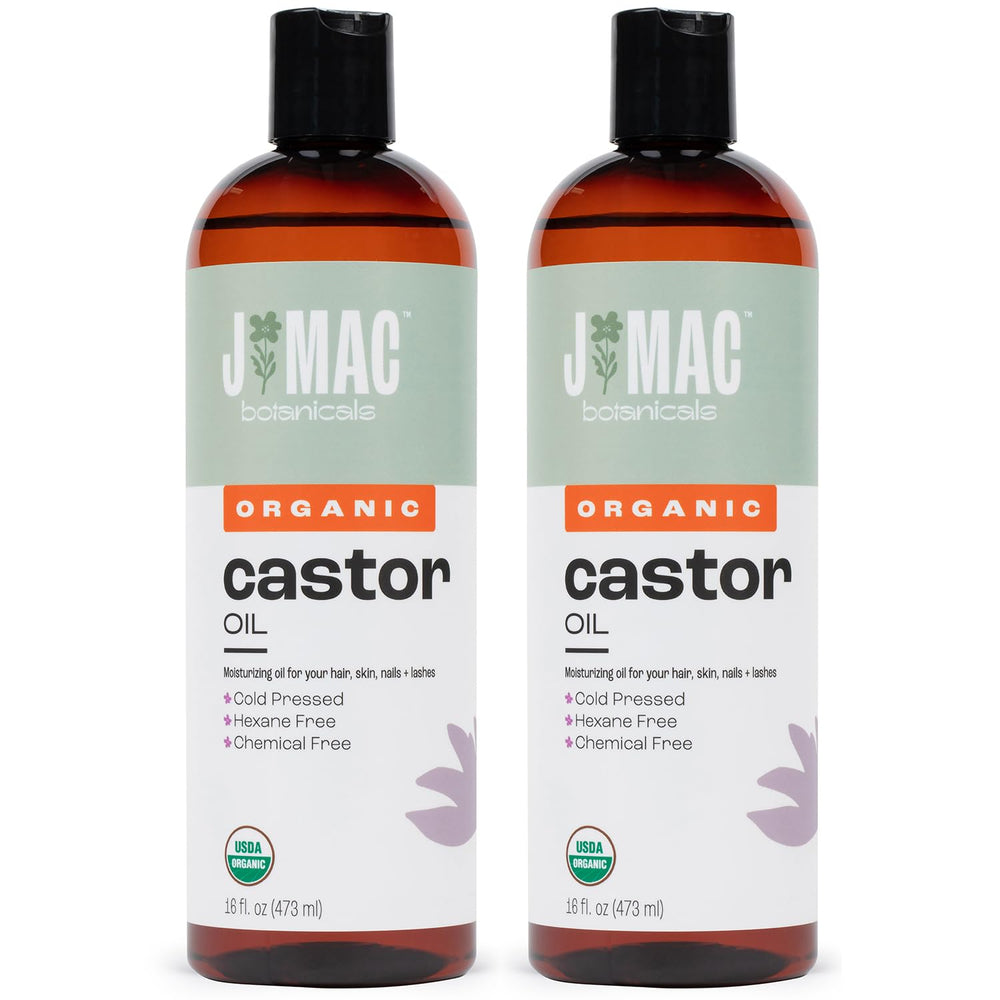 J Mac Botanicals castor oil bottle shows 32 oz size for face and hair care