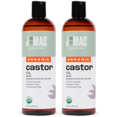J Mac Botanicals castor oil bottle shows 32 oz size for face and hair care