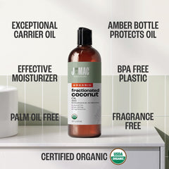 J MAC BOTANICALS fractionated coconut oil used as a lightweight skin moisturizer