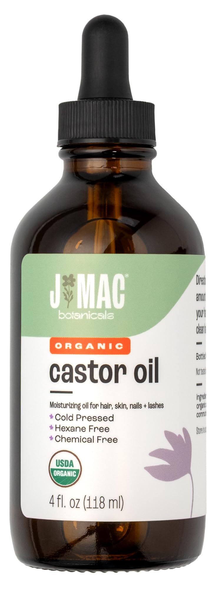 J Mac Botanicals organic castor oil bottle with dropper for easy application.