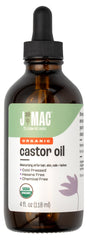 J Mac Botanicals organic castor oil bottle with dropper for easy application.