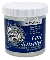 Worlds Of Curls activator gel applied to damp hair for natural waves