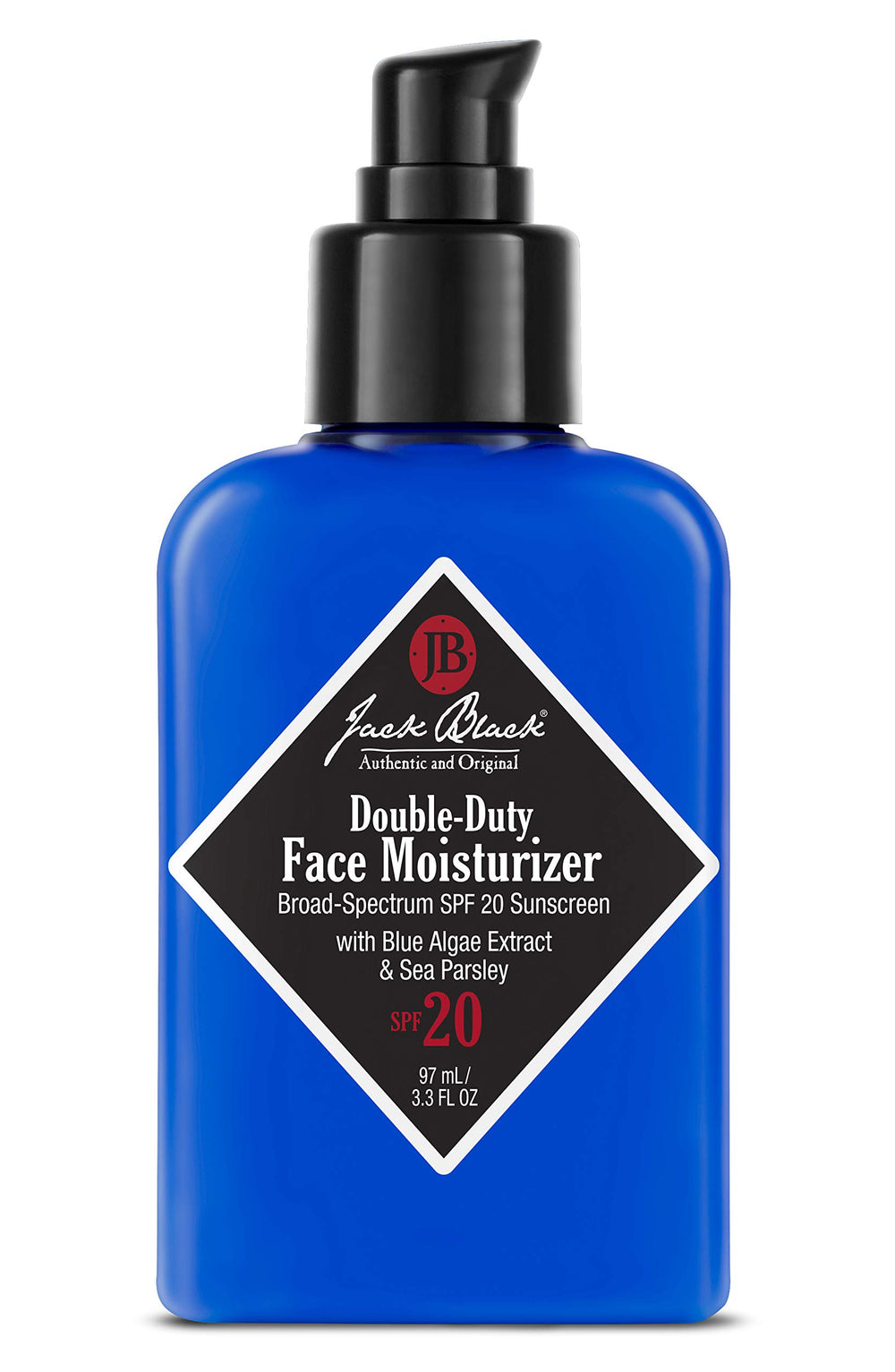 Jack Black Double-Duty Face Moisturizer SPF 20 bottle provides daily hydration and broad-spectrum protection.