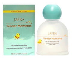 Close-up of JAFRA Tender Moments Fresh Baby Cologne label and cap showing a clean, alcohol-free formula