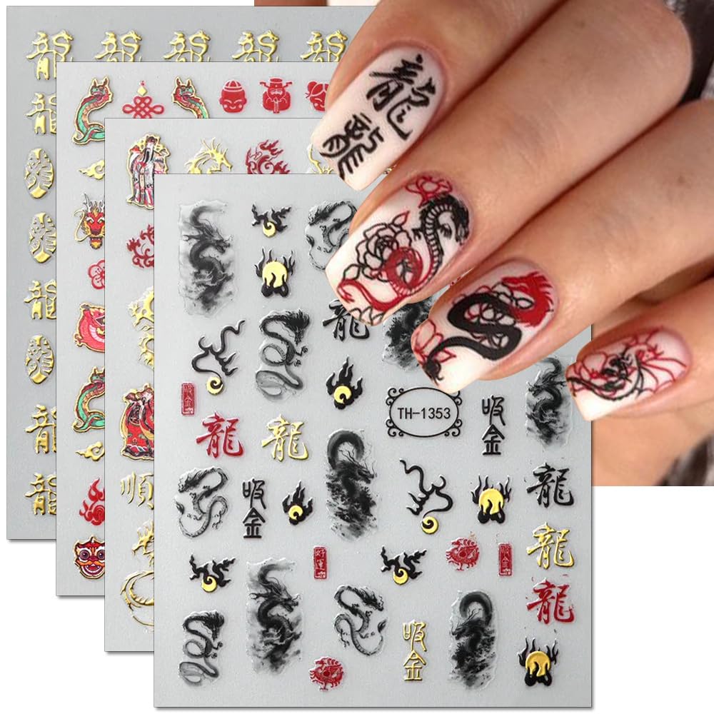 Jaliya 3D black gold dragon nail stickers with ink halo for dramatic nail art