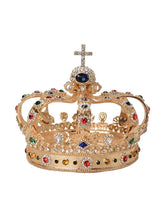 Janefashions round gold crown with multicolor Austrian rhinestones for theater or prom.