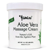 Jasmine Aloe Vera Massage Cream bottle close-up highlighting nourishing skincare benefits.