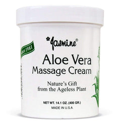 Jasmine Aloe Vera Massage Cream bottle close-up highlighting nourishing skincare benefits.