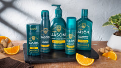 Jason Men bottle displayed on bathroom shelf with clean design.