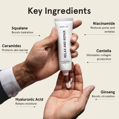 JAXON LANE Relax and Repair cream texture highlights non-greasy hydration for all skin types.