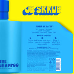 JB SKRUB Kids Shampoo label highlights aloe vera and green tea for soothing hydration.