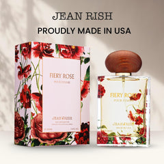 Packaging detail of Jean Rish Fiery Rose highlighting USA-made craftsmanship.