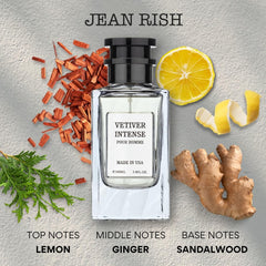 Jean Rish Vetiver Intense bottle side view, bold design and longevity