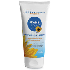 Jeans Cream Maximum Skin Therapy Cream jar front view with soothing aloe and vitamin E.