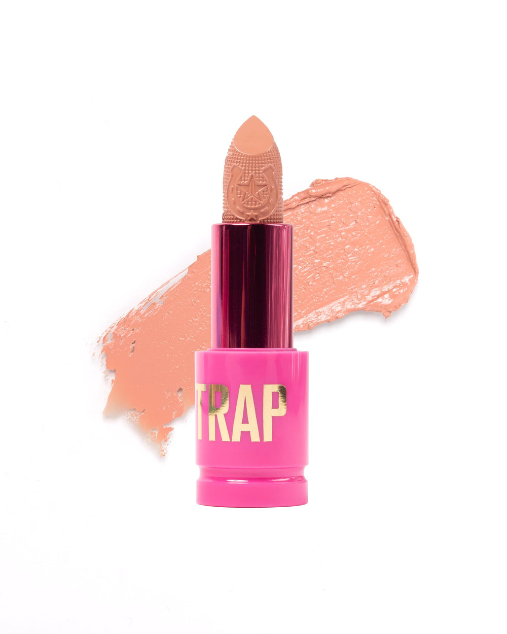 Jeffree Star Shiny Trap Lipstick Cowgirl Suede bullet closeup highlights nourished, high-shine lips.