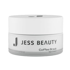 JESS BEAUTY Coffee Break Eye Cream bottle shown, lightweight formula for refreshed eyes every day.