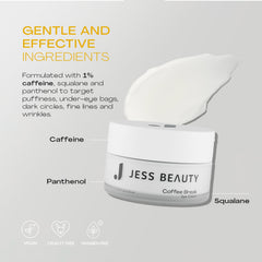 JESS BEAUTY Coffee Break Eye Cream with panthenol adds soothing moisture around eyes.