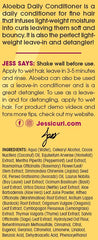 Jessicurl Aloeba ingredient blend close-up highlighting aloe and oils keeping strands nourished.