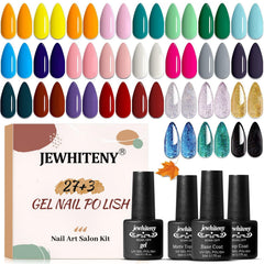 JEWHITENY 27-color gel nail polish kit swatches for color planning and inspiration.