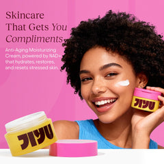 JiYu NAD+ moisturizer texture swatch showing smooth application and plumping feel.