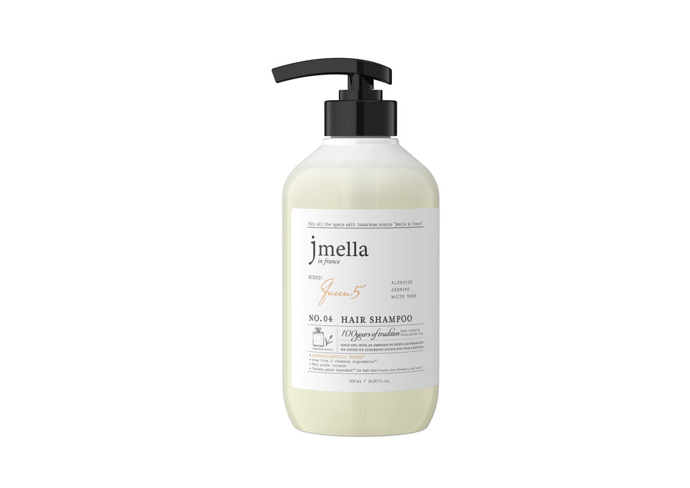 JMella Queen5 Shampoo bottle front showcases premium packaging for daily luxury.