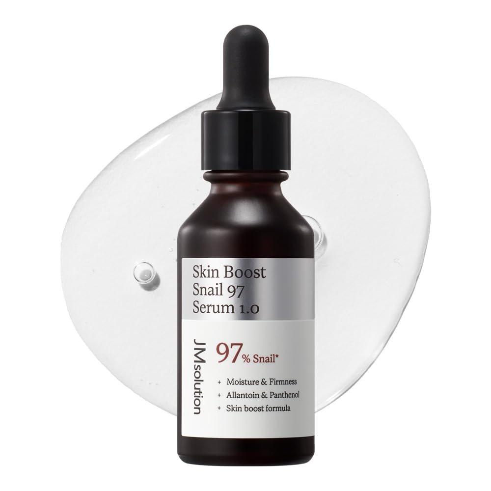 JMsolution Skin Boost Snail 97% Serum bottle shows fast-absorbing hydration.