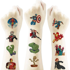 JMYUJX cartoon Avenger tattoos pack shown on skin for kids' party use, waterproof and long-lasting.
