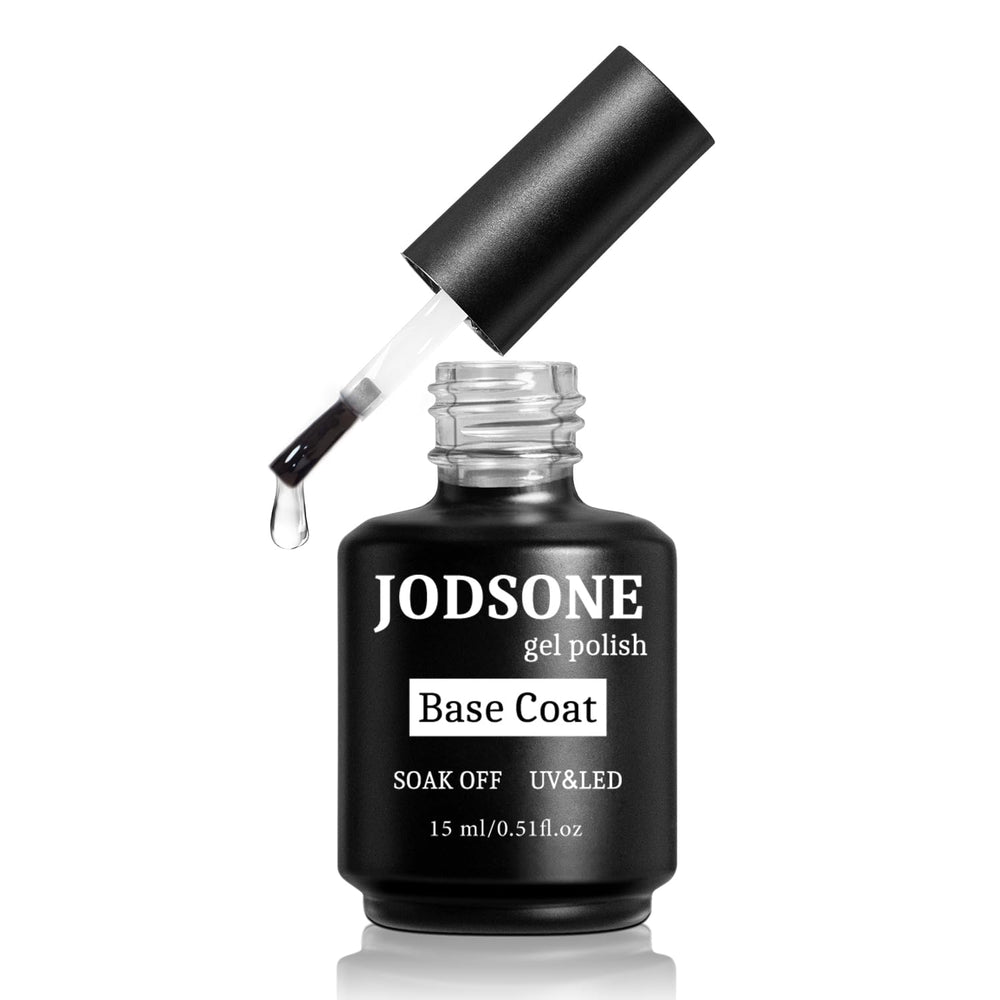 Jodsone base coat bottle closeup showing clear gel for strong adhesion