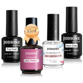 JODSONE four-bottle nail care set with dehydrator, primer, base coat, and top coat for versatile manicures.