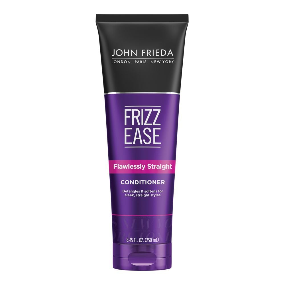 John Frieda Frizz Ease Flawlessly Straight Conditioner bottle highlighting keratin for smooth hair
