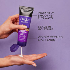 John Frieda Frizz Ease Secret Weapon applied to damp hair before blow dry for sleek results.