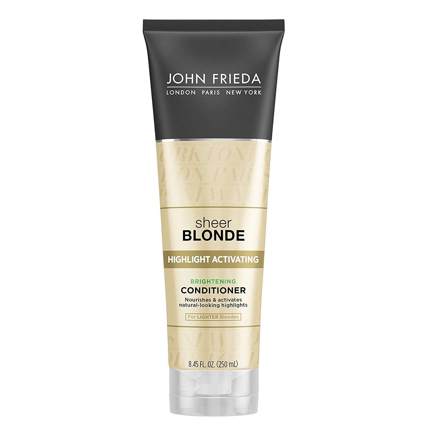 John Frieda Sheer Blonde Glistering Perfect Conditioner bottle front enhances luminous blonde shine